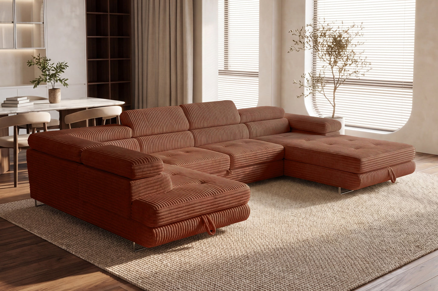 Wohnlandschaft Cordo U XXL U-förmiges Sofa mit Schlaffunktion & 2 Bettkästen – Breitcord Tilia Terrakotta – Ottomane Links