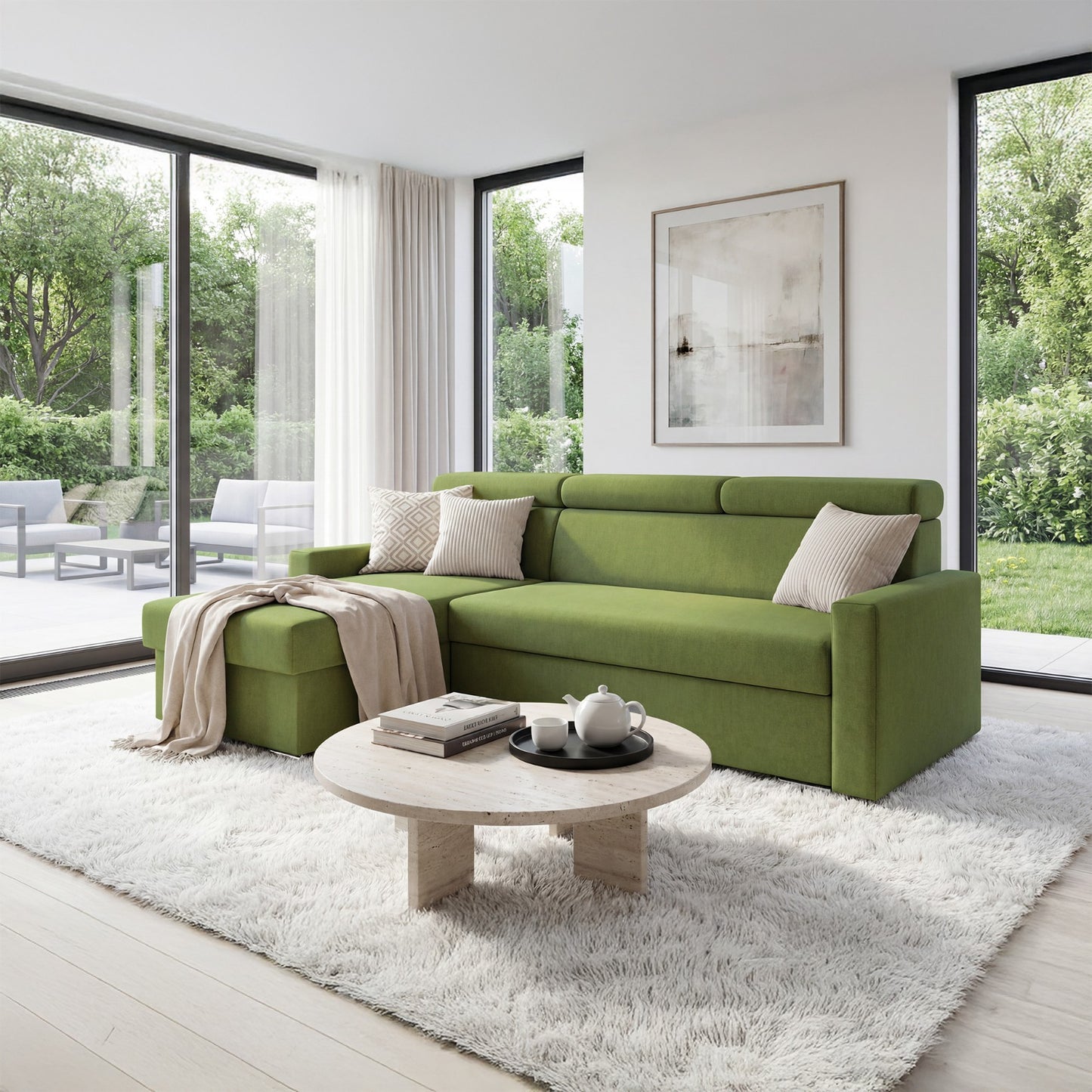 Ecksofa Vega L mit Schlaffunktion & Bettkasten – Samtstoff Best Grün– Zero-Wall Design Wandbündig – L-Form Sofa Freistehend