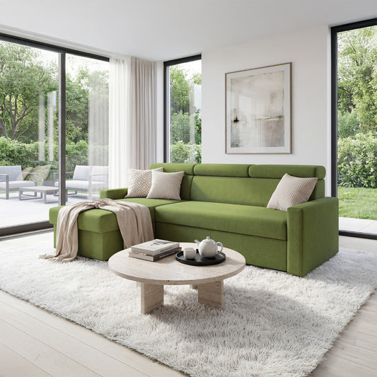 Ecksofa Vega L mit Schlaffunktion & Bettkasten – Samtstoff Best Grün – Zero-Wall Design wandbündig – L-förmiges Sofa freistehend