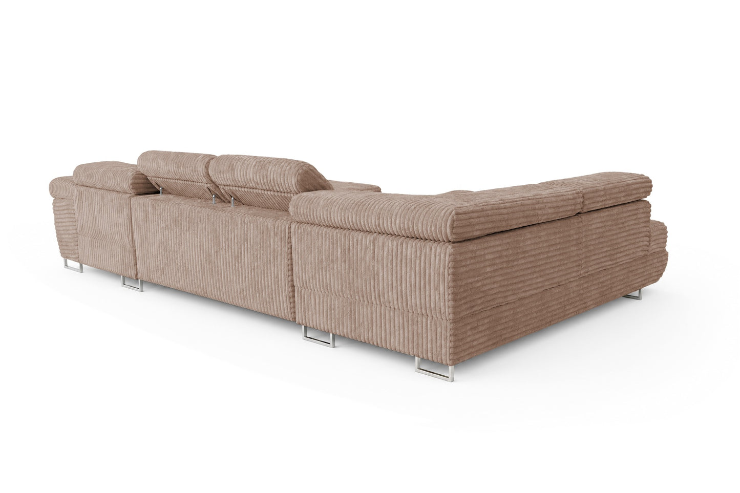 Wohnlandschaft Cordo U XXL U-Form Sofa mit Schlaffunktion & 2 Bettkästen – Breitcord Tilia Beige – Ottomane Links
