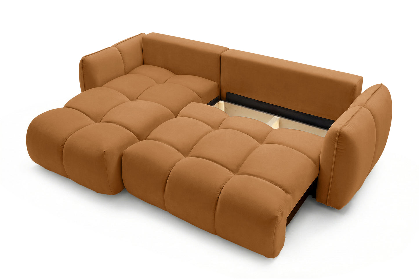 Ecksofa BELVEO mit Schlaffunktion und Bettkasten L-Form Ausrichtung Links Stoff Bluvel 4215 Rostbraun