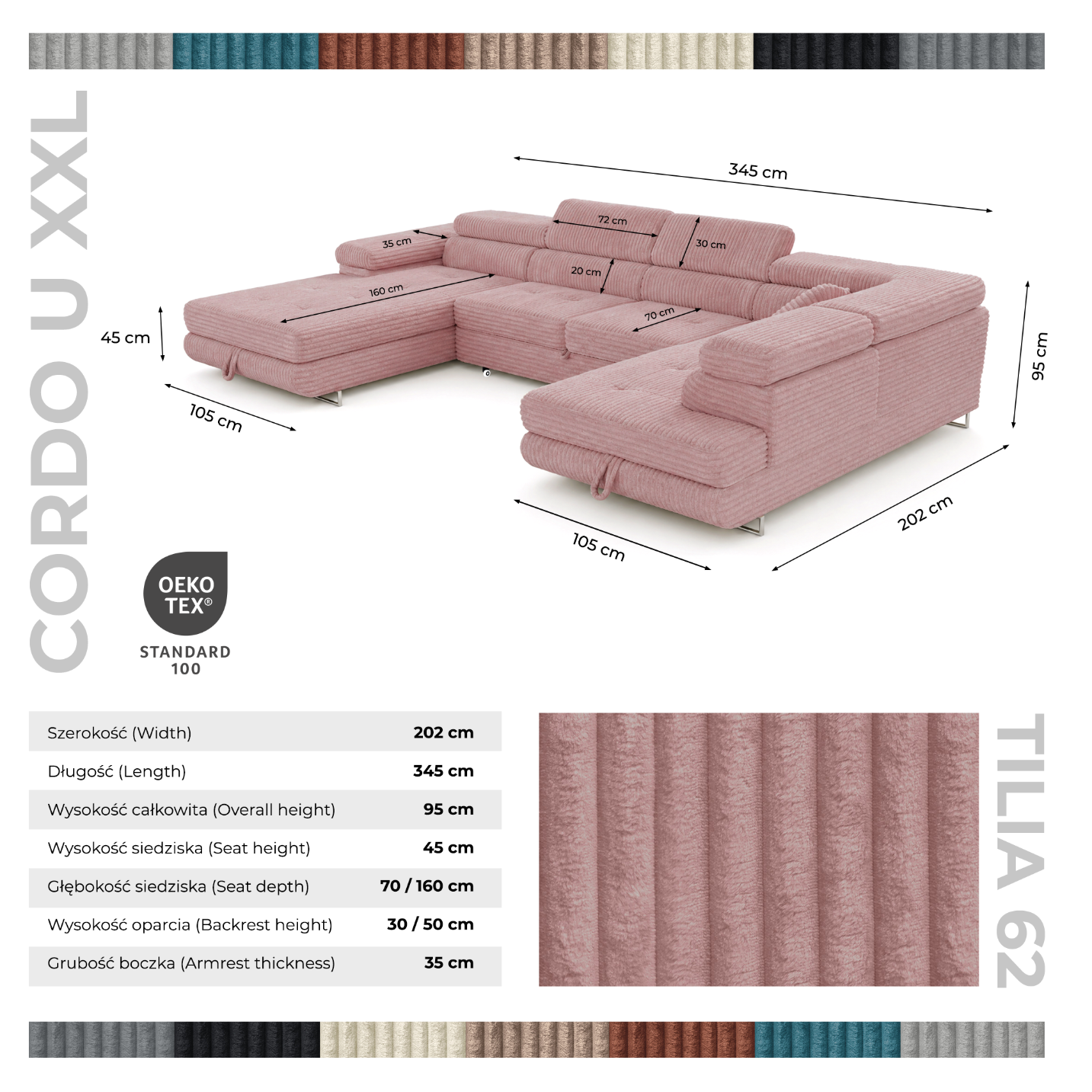 Wohnlandschaft Cordo U XXL U-Form Sofa mit Schlaffunktion & 2 Bettkästen – Breitcord Tilia Altrosa– Ottomane Rechts