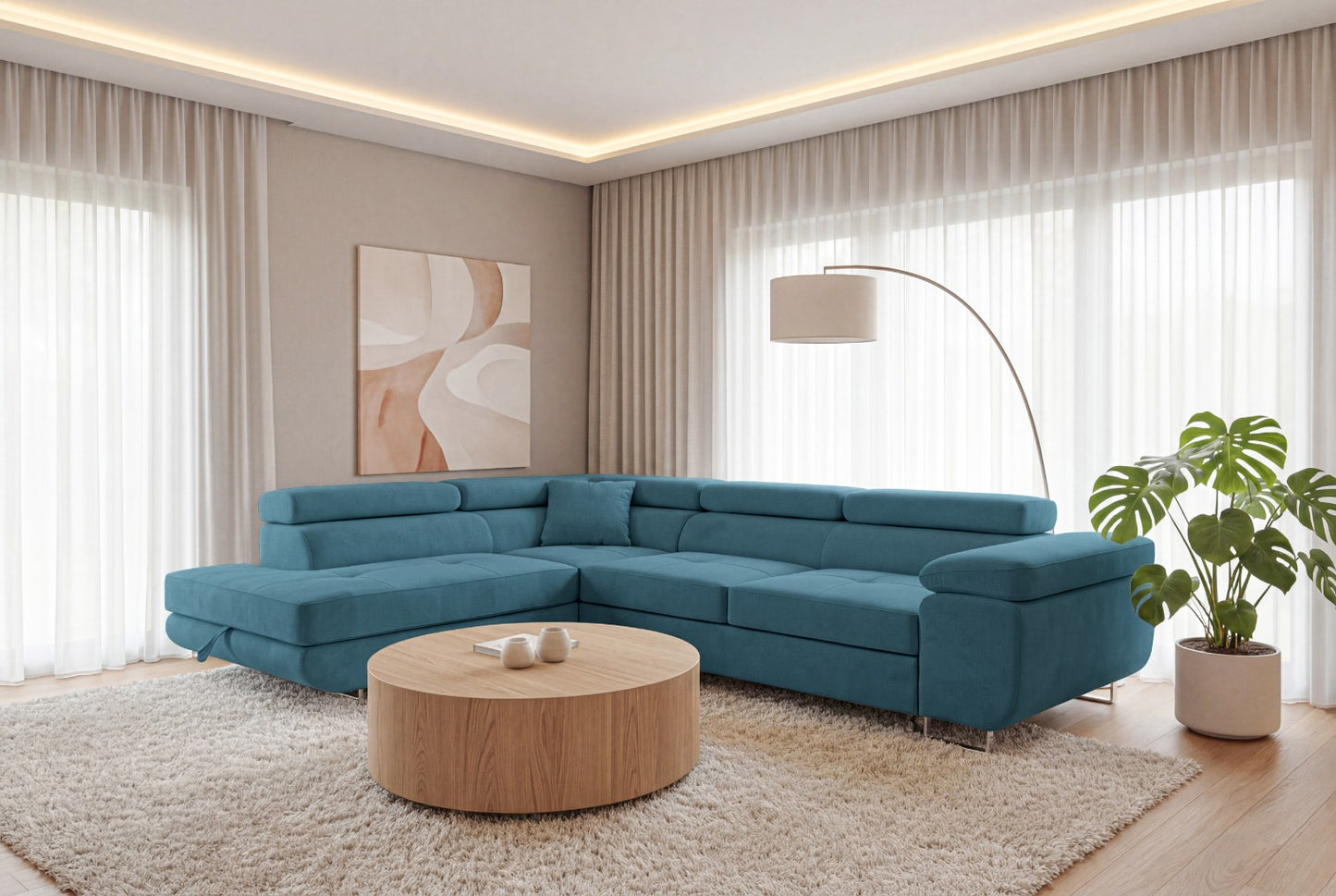 Ecksofa Luca L-Form Türkis Stoff Element 14 Links Ottomane mit Schlaffunktion & Bettkasten