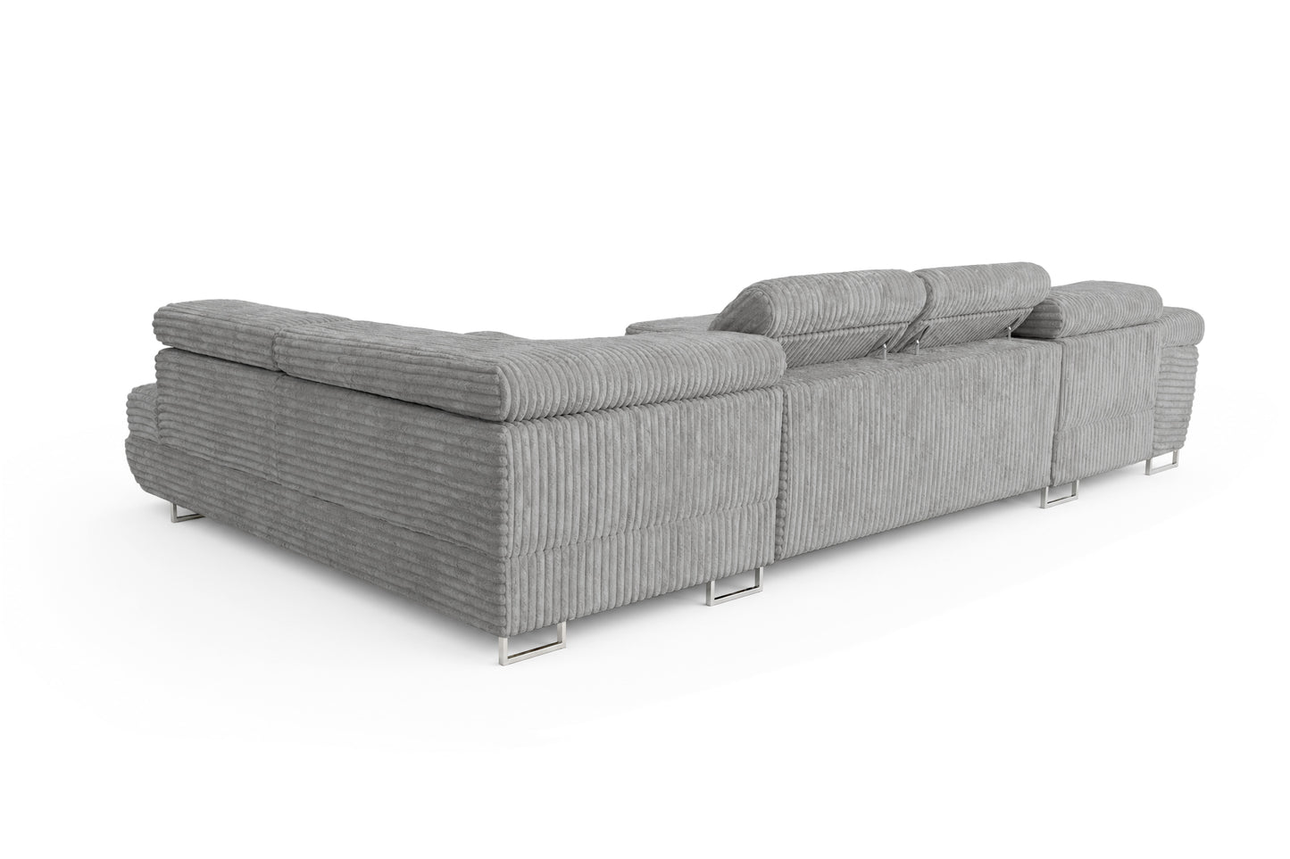 Wohnlandschaft Cordo U XXL U-Form Sofa mit Schlaffunktion & 2 Bettkästen – Breitcord Tilia Hellgrau – Ottomane Rechts