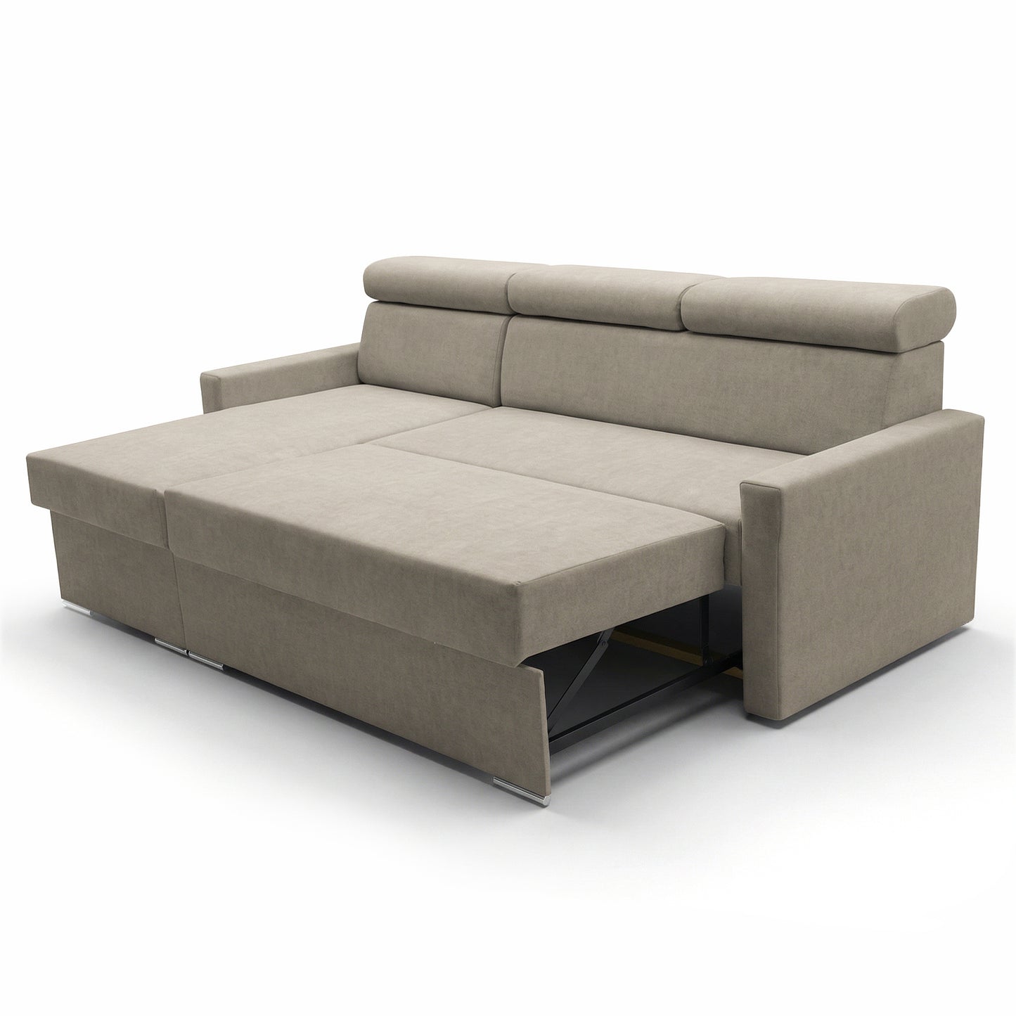 Ecksofa Vega L mit Schlaffunktion & Bettkasten – Samtstoff Best Beige– Zero-Wall Design Wandbündig – L-Form Sofa Freistehend