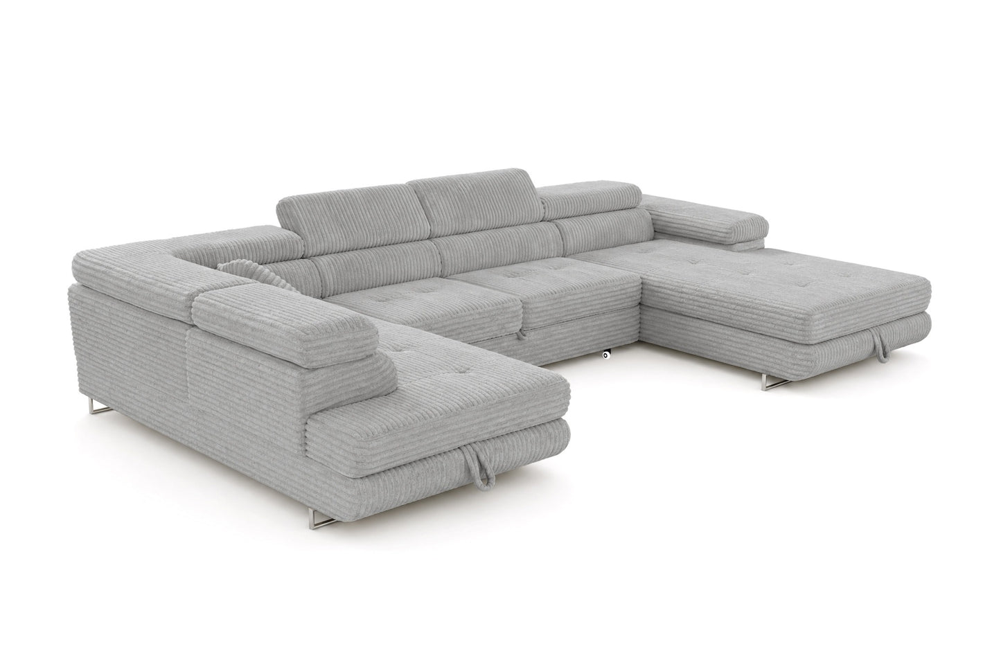 Wohnlandschaft Cordo U XXL U-Form Sofa mit Schlaffunktion & 2 Bettkästen – Breitcord Tilia Hellgrau – Ottomane Links