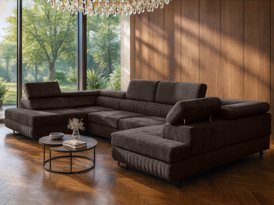 Großes U-förmiges Schlafsofa mit Bettkasten & Agmamito Element Bezug, Dunkelbraun Magnum U Sofiland