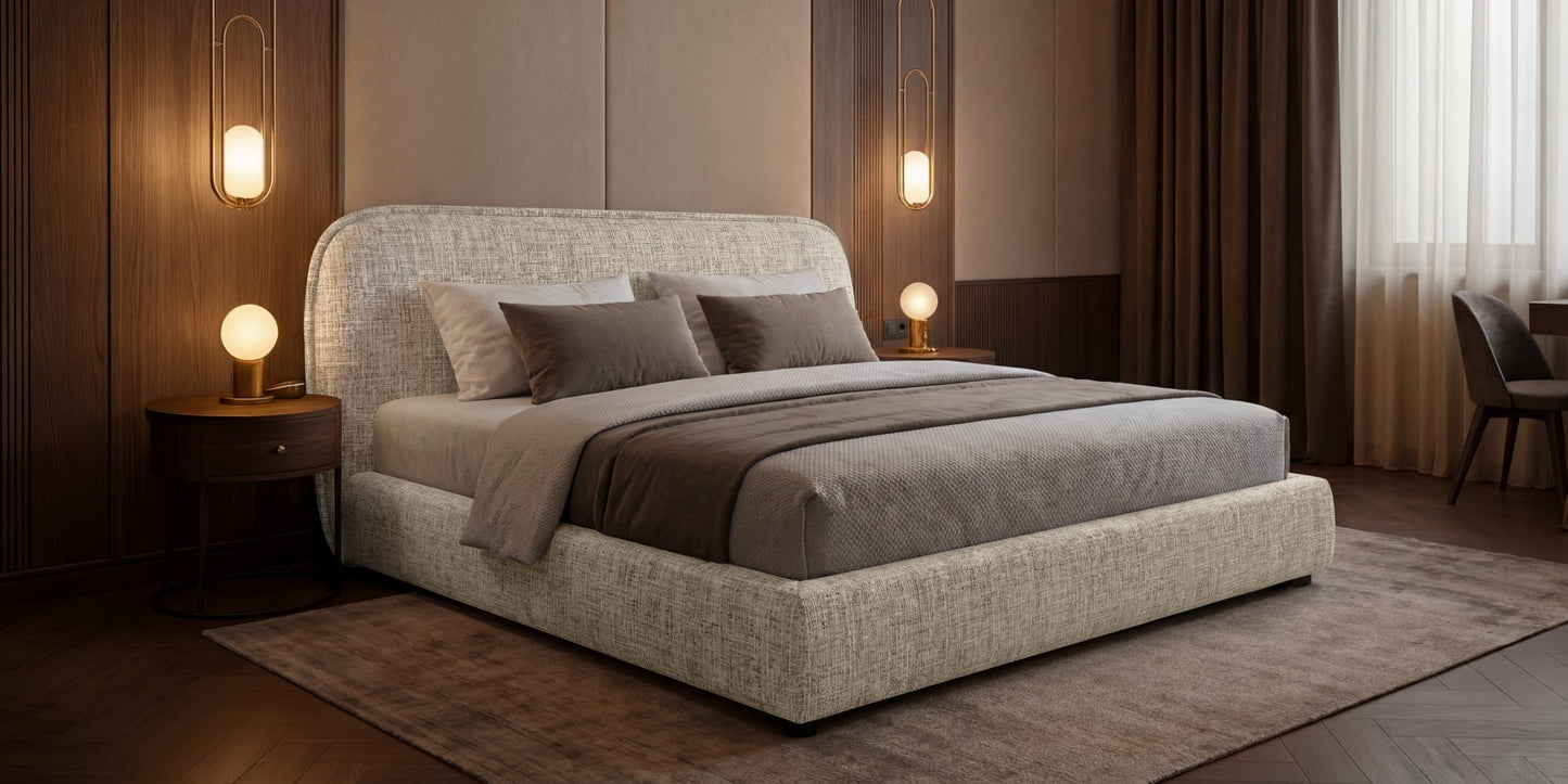 Polsterbett NORDICA 180x200 cm Tracy 03 Sand Multicolor – Modernes Designerbett mit abgerundetem Kopfteil & Lattenrost