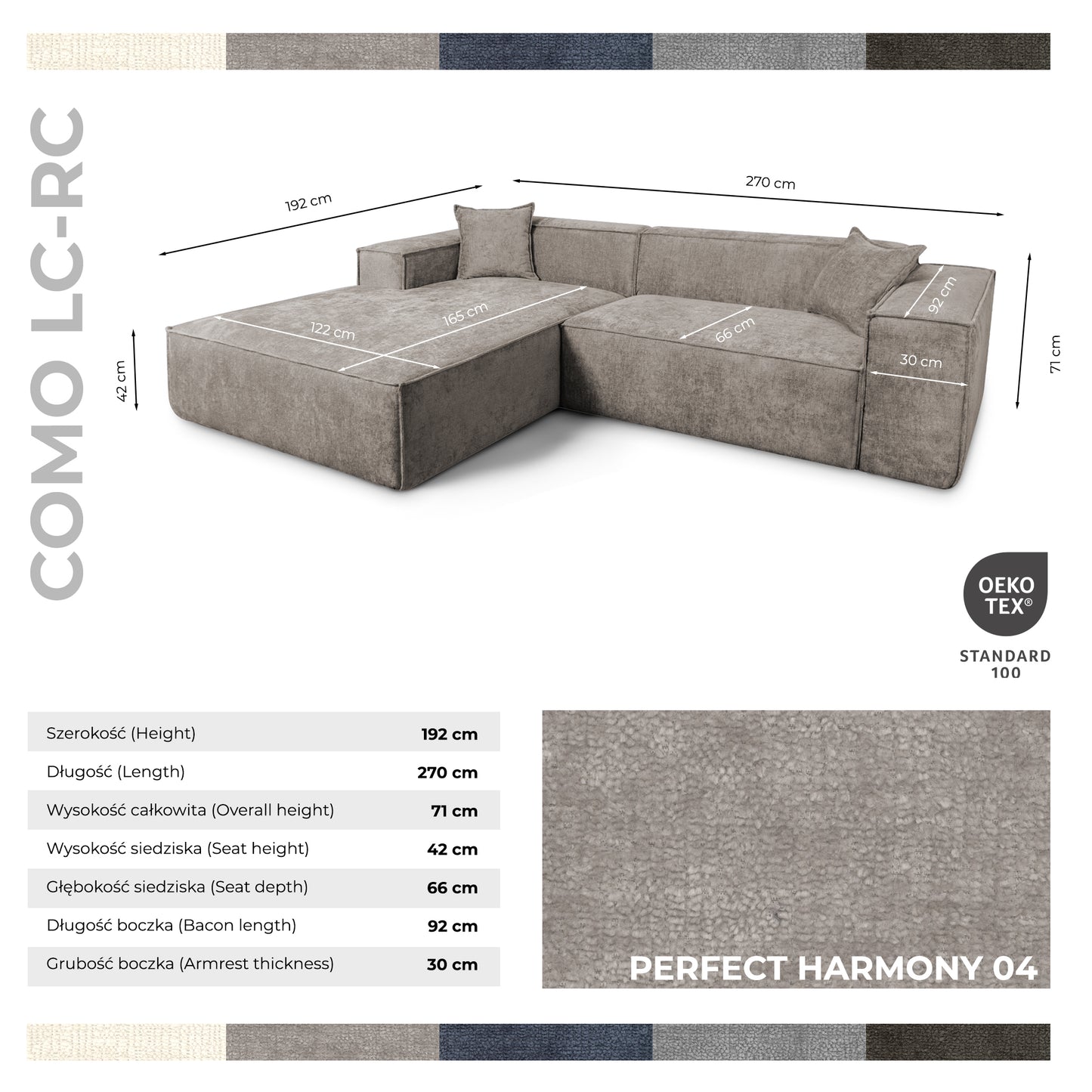 Design Ecksofa Como LC/RC 192x270 cm – Luxus Lounge L-Form Perfect Harmony 04 Taupe – Strukturstoff Modern & Robust