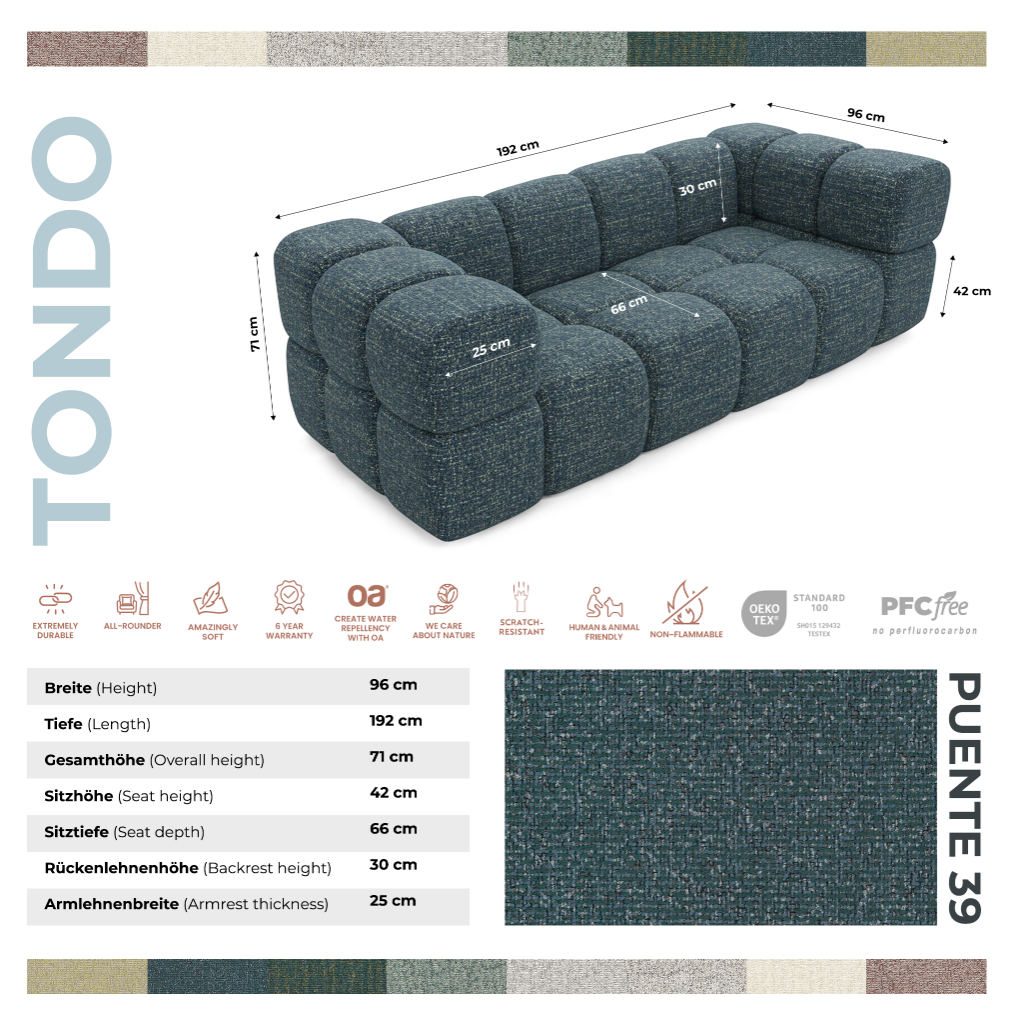 Design-Sofa 3-Sitzer TONDO PUENTE 39 – Strukturstoff in Bouclé-Optik – Wellenformiges Design – Dunkelblau