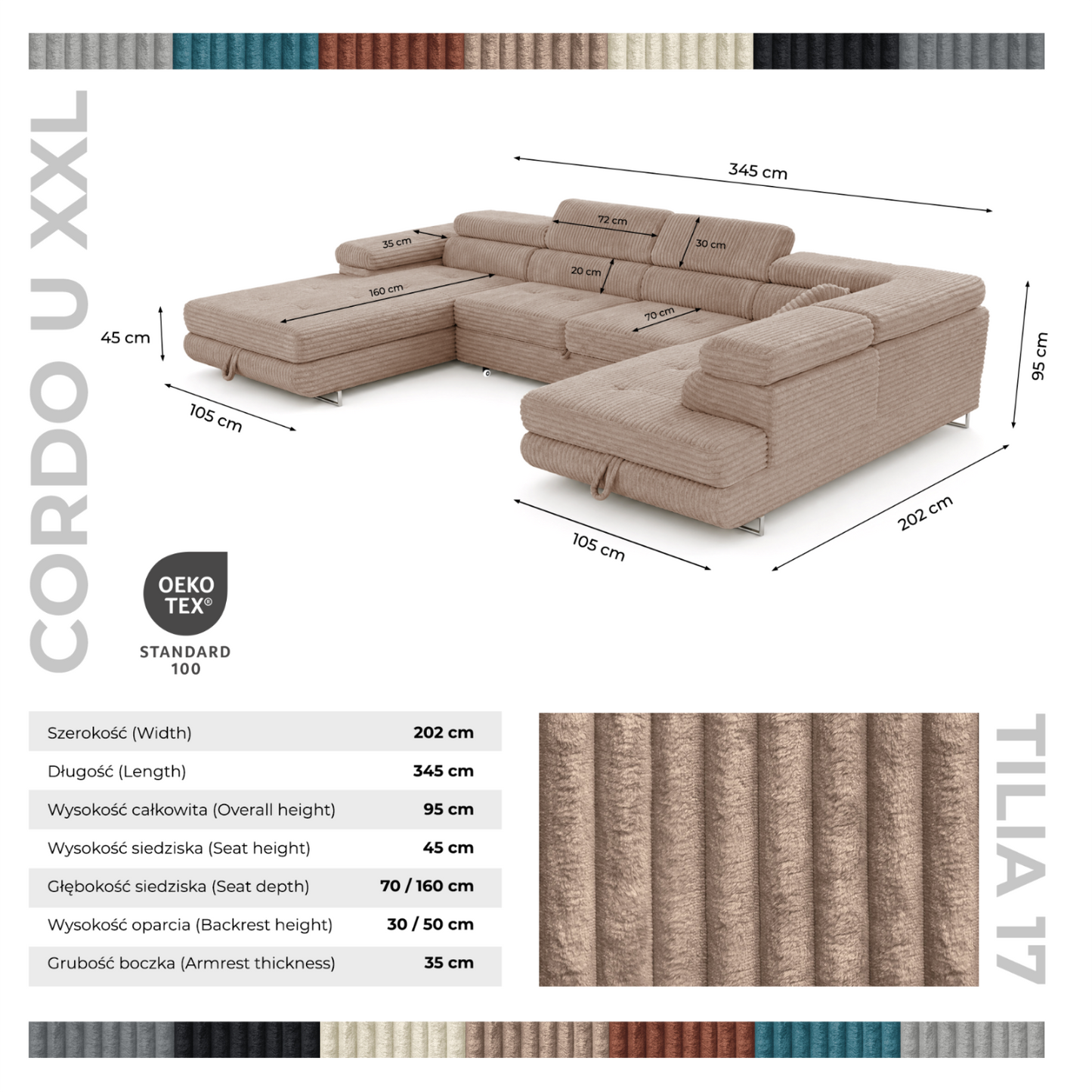Wohnlandschaft Cordo U XXL U-Form Sofa mit Schlaffunktion & 2 Bettkästen – Breitcord Tilia Beige– Ottomane Rechts