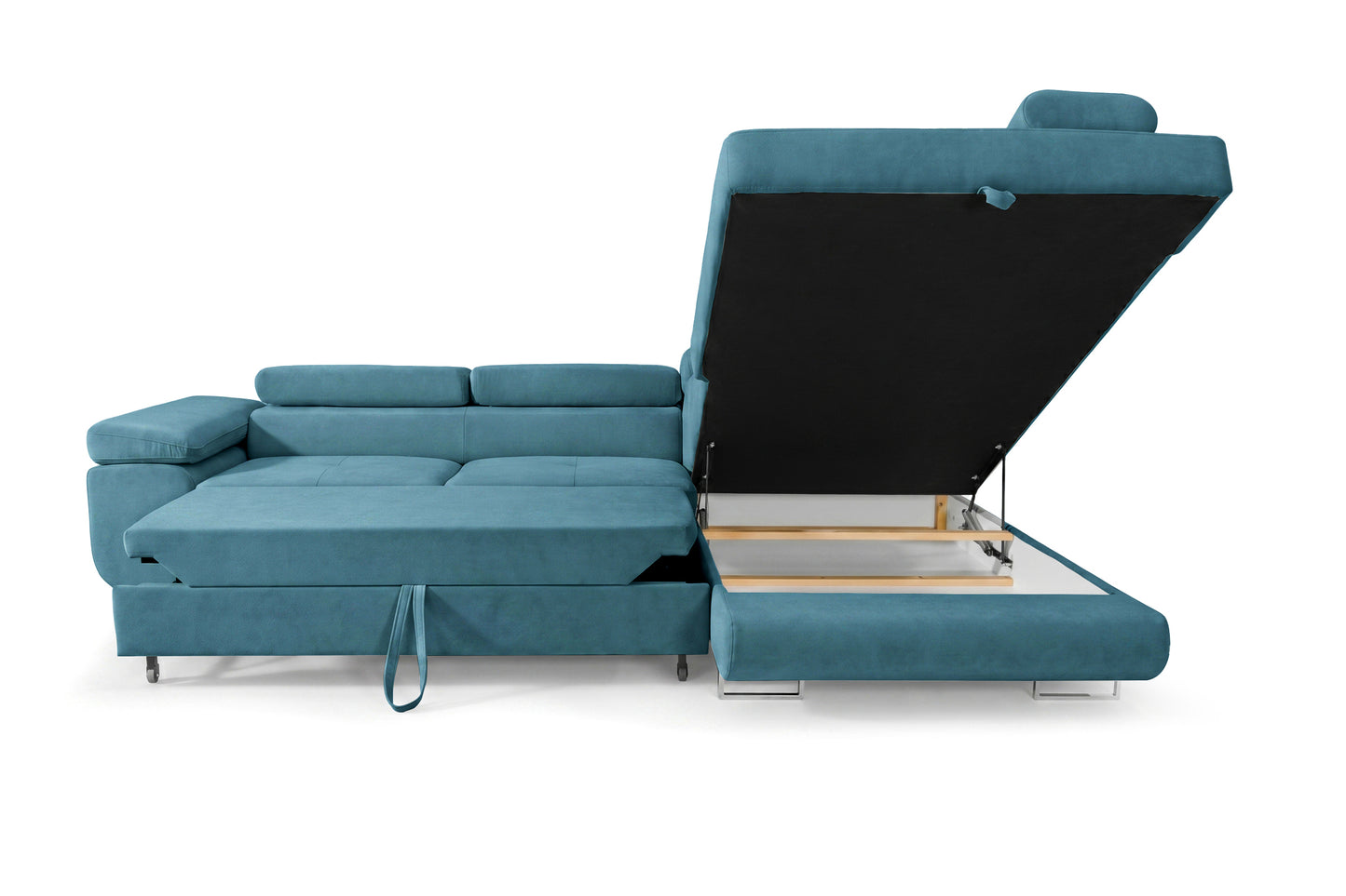 Ecksofa Luca L-Form Türkis Stoff Element 14 Rechte Ottomane mit Schlaffunktion & Bettkasten