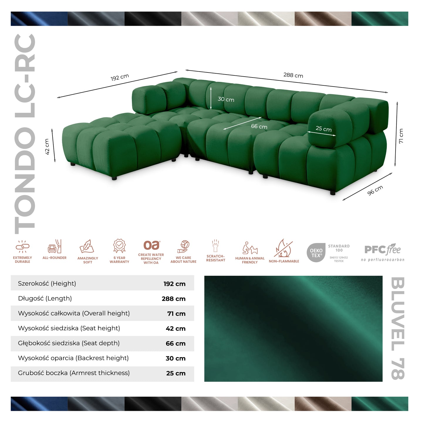 Ecksofa TONDO LC/RC 192x288cm Bluvel 78 Flaschengrün