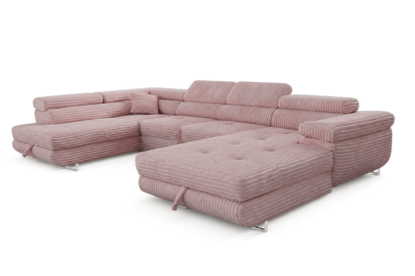 Wohnlandschaft Cordo U XXL U-Form Sofa mit Schlaffunktion & 2 Bettkästen – Breitcord Tilia Altrosa– Ottomane Links