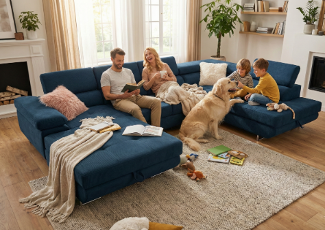 Wohnlandschaft Aller Moon U XXL-Ecksofa mit Schlaffunktion und zwei Bettkästen. (Dunkelblau, Rechts)