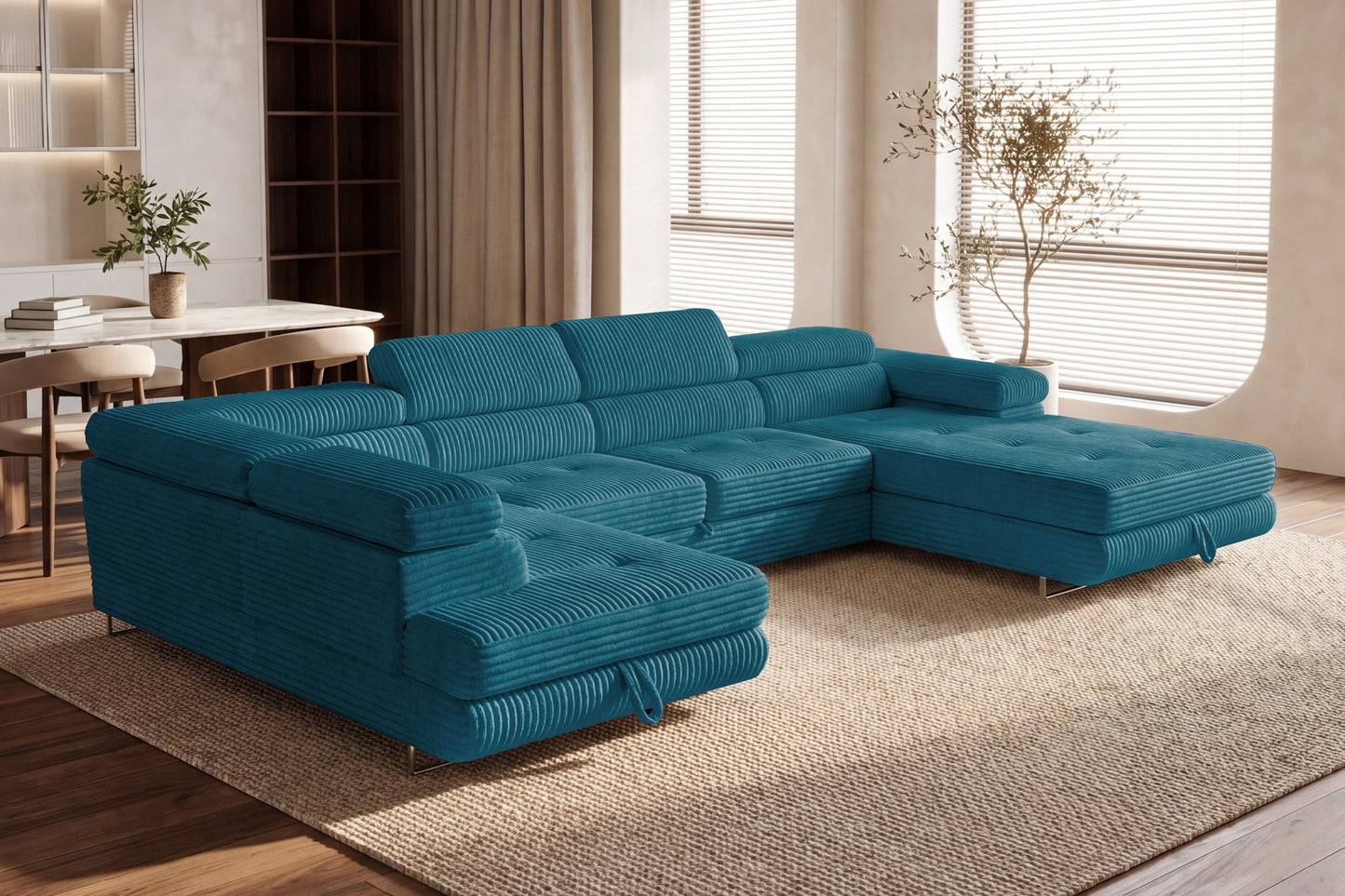 Wohnlandschaft Cordo U XXL U-förmiges Sofa mit Schlaffunktion & 2 Bettkästen – Breitcord Tilia Türkis – Ottomane Links