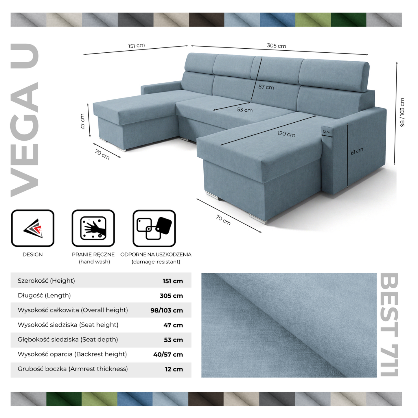 Vega U Wohnlandschaft mit Schlaffunktion und 2 Bettkasten Ecksofa in U-Form Verstellbare Kopfstützen Samt-Stoff Best 305x151 cm (711)