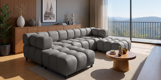 Exklusive Wohnlandschaft Tondo U 192x288 cm – Designer-Sofa Samt Bluvel 14 Grau – Modernes Bubble-Design & HR-Schaum Komfort