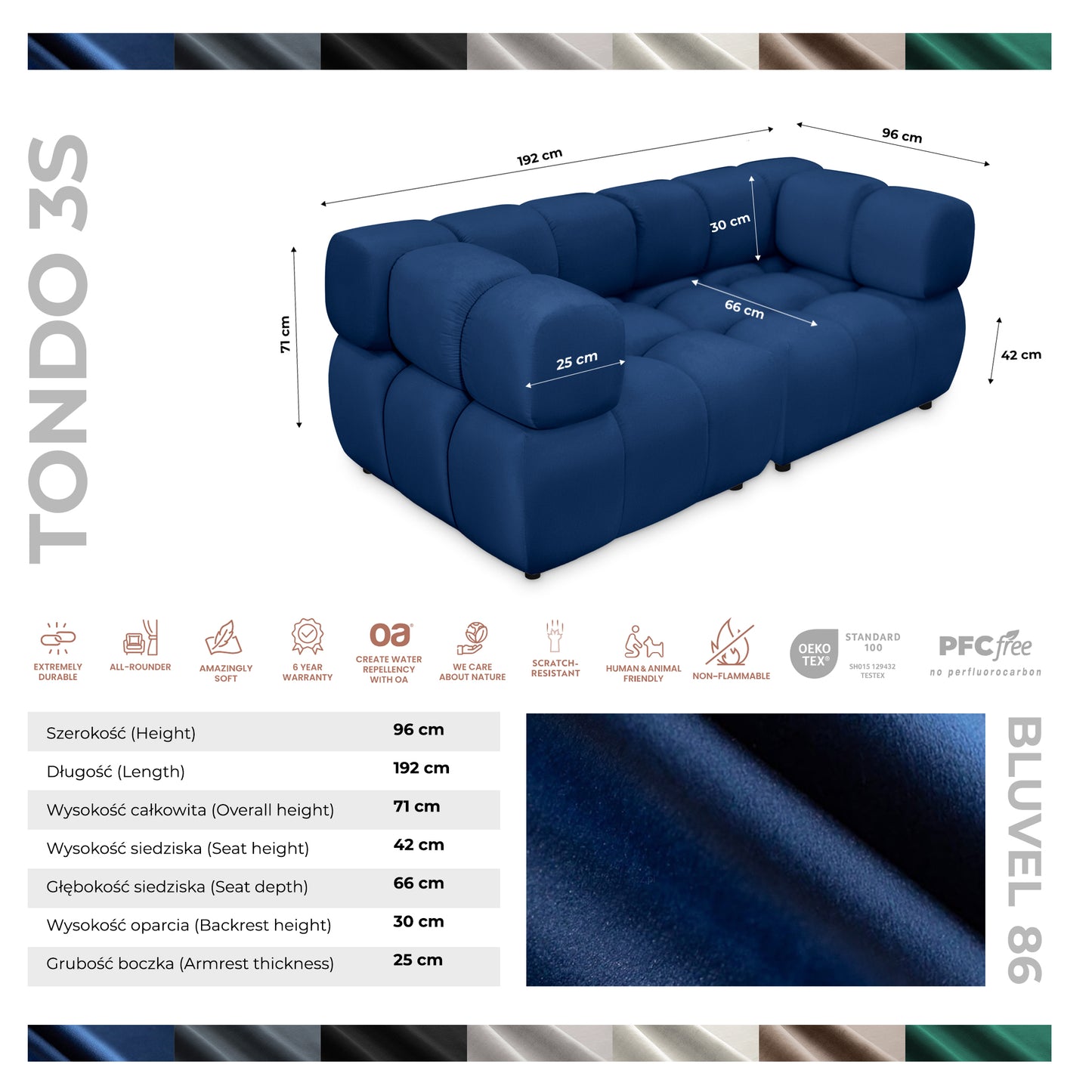 Sofa Tondo 3-Sitzer – Bluvel 86 dunkelblau