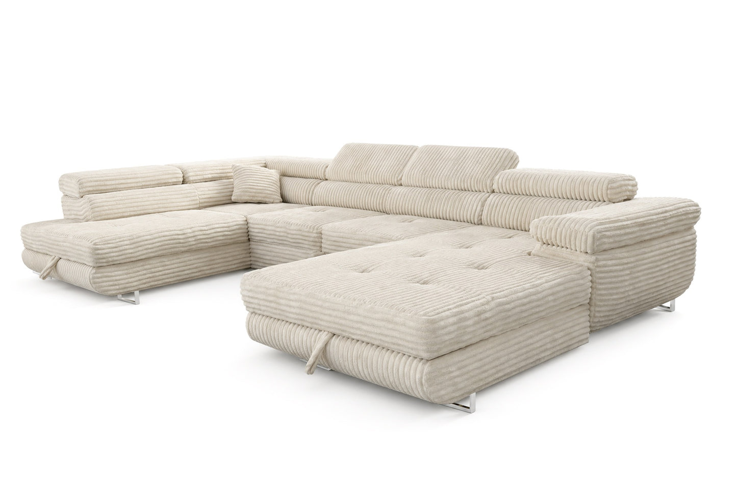 Wohnlandschaft Cordo U XXL U-förmiges Sofa mit Schlaffunktion & 2 Bettkästen – Breitcord Tilia Creme – Ottomane links