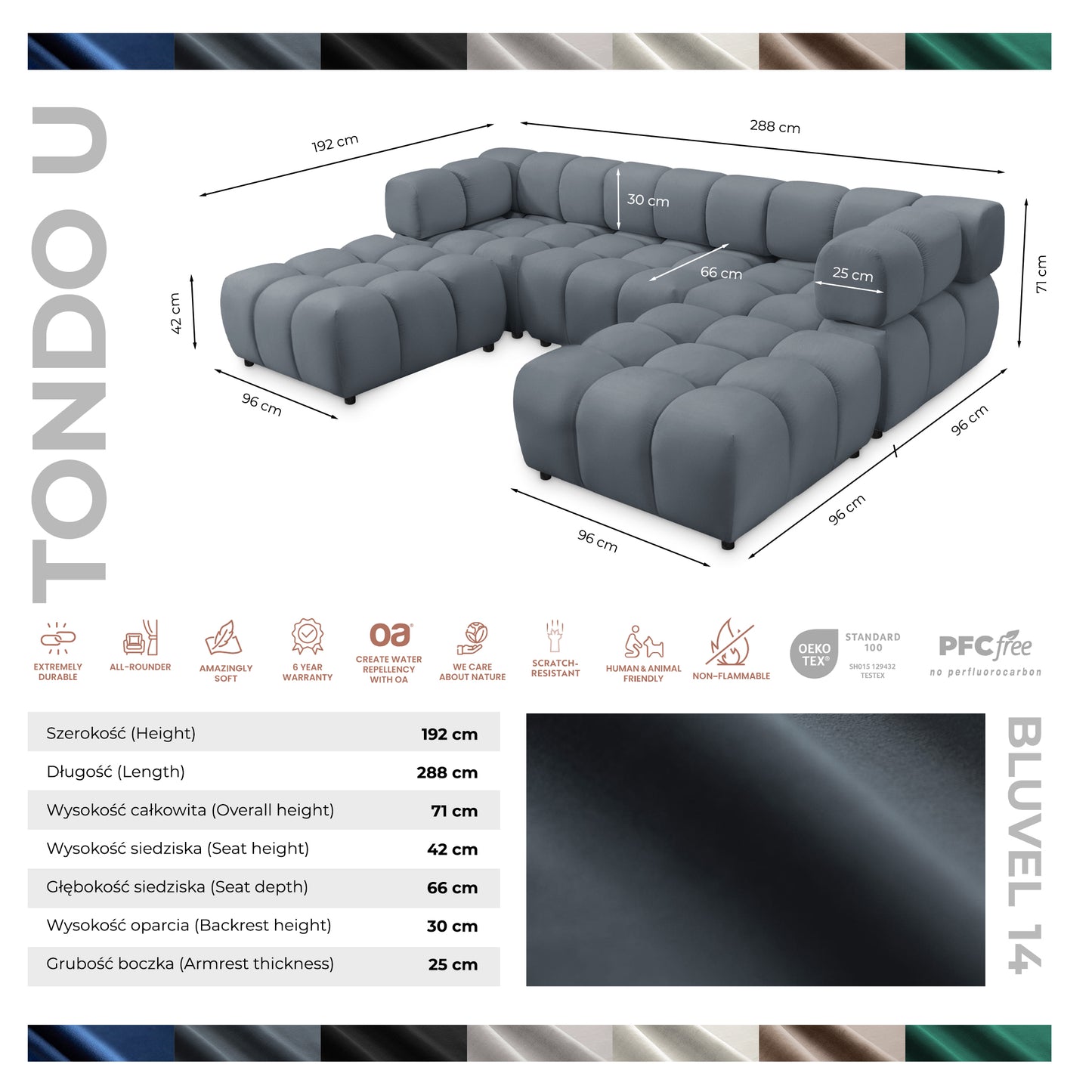 Exklusive Wohnlandschaft Tondo U 192x288 cm – Designer-Sofa Samt Bluvel 14 Grau – Modernes Bubble-Design & HR-Schaum Komfort