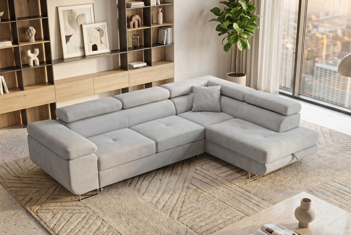 Ecksofa Luca L-Form Hellgrau Stoff Element 24 Rechte Ottomane mit Schlaffunktion & Bettkasten