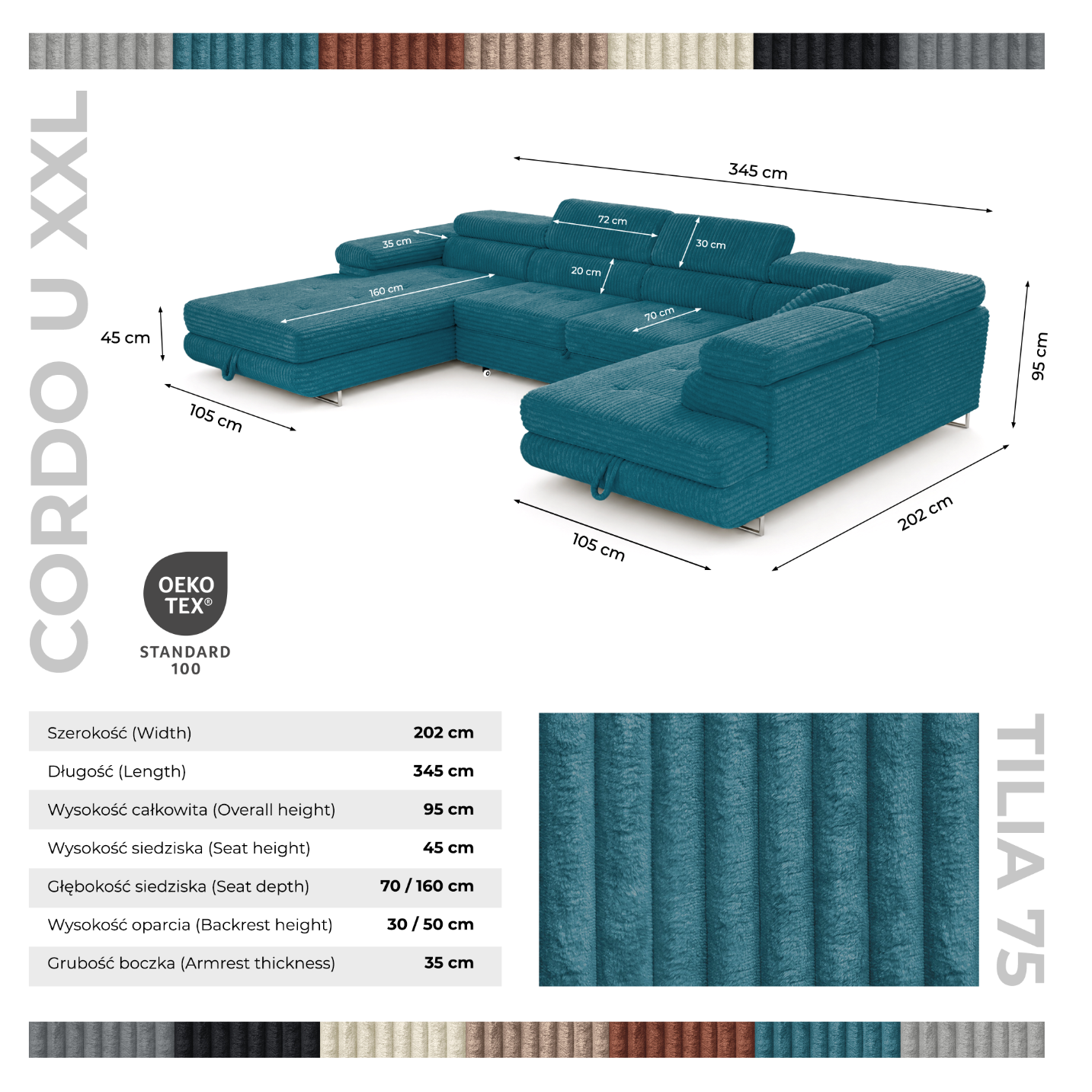 Wohnlandschaft Cordo U XXL U-Form Sofa mit Schlaffunktion & 2 Bettkästen – Breitcord Tilia Türkis – Ottomane Rechts