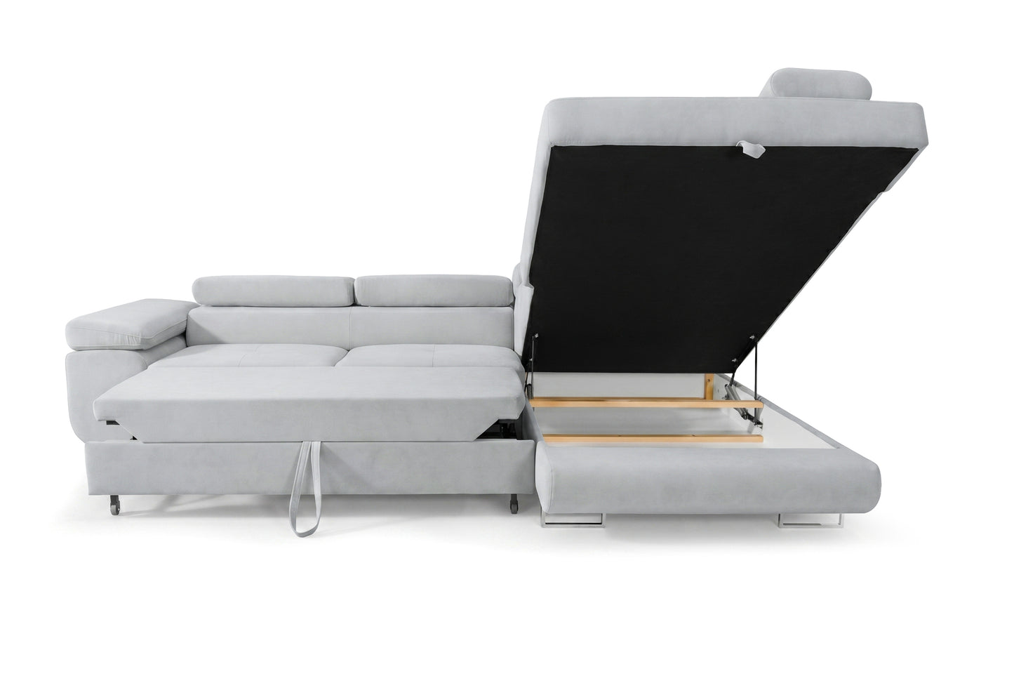 Ecksofa Luca L-Form Hellgrau Stoff Element 24 Rechte Ottomane mit Schlaffunktion & Bettkasten