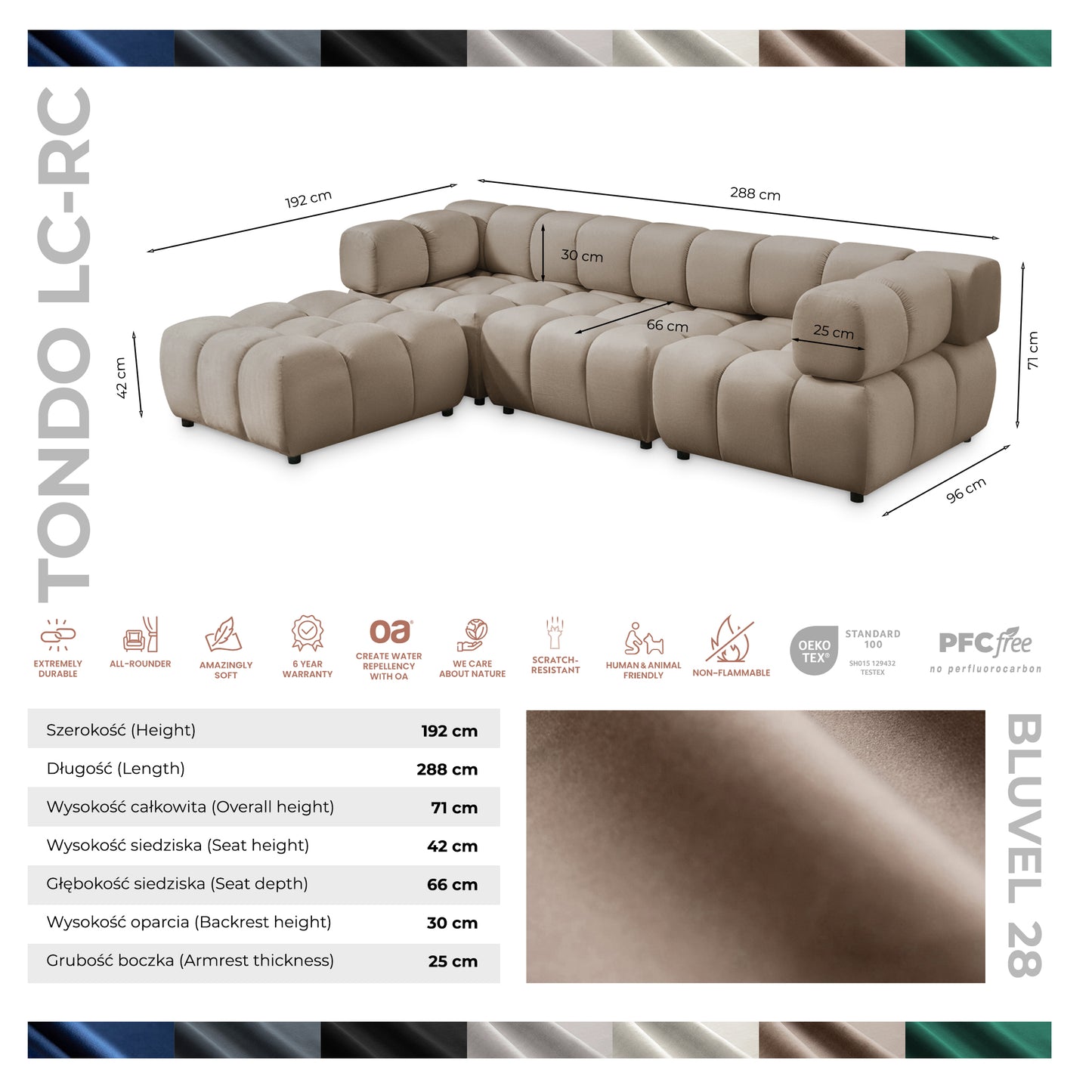 Ecksofa TONDO LC/RC 192x288cm Bluvel 28 Dunkelbeige
