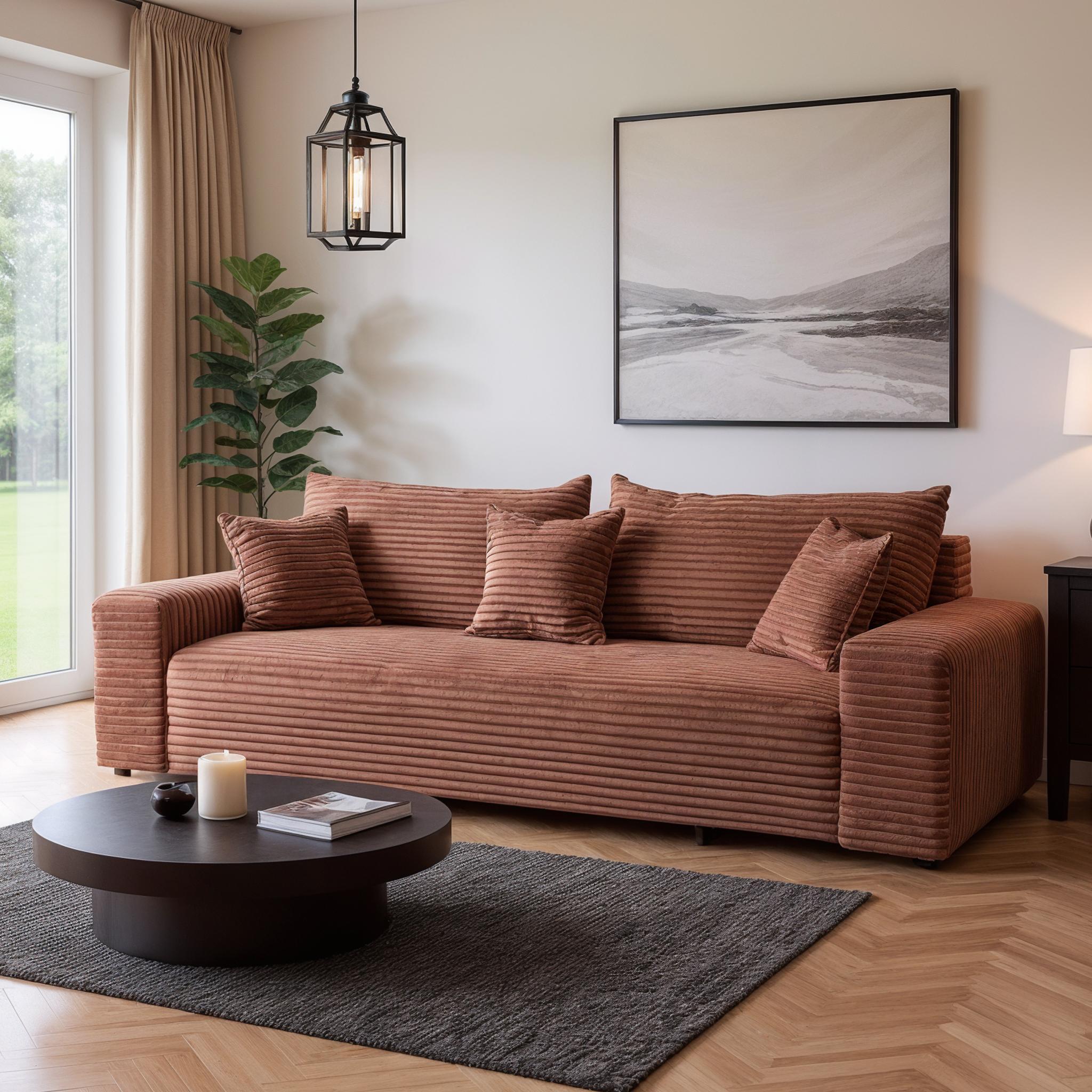 3-Sitzer-Schlafsofa 265 × 105 cm, Ziegelrot, mit Stauraum, Stoff: Cord – Cordo