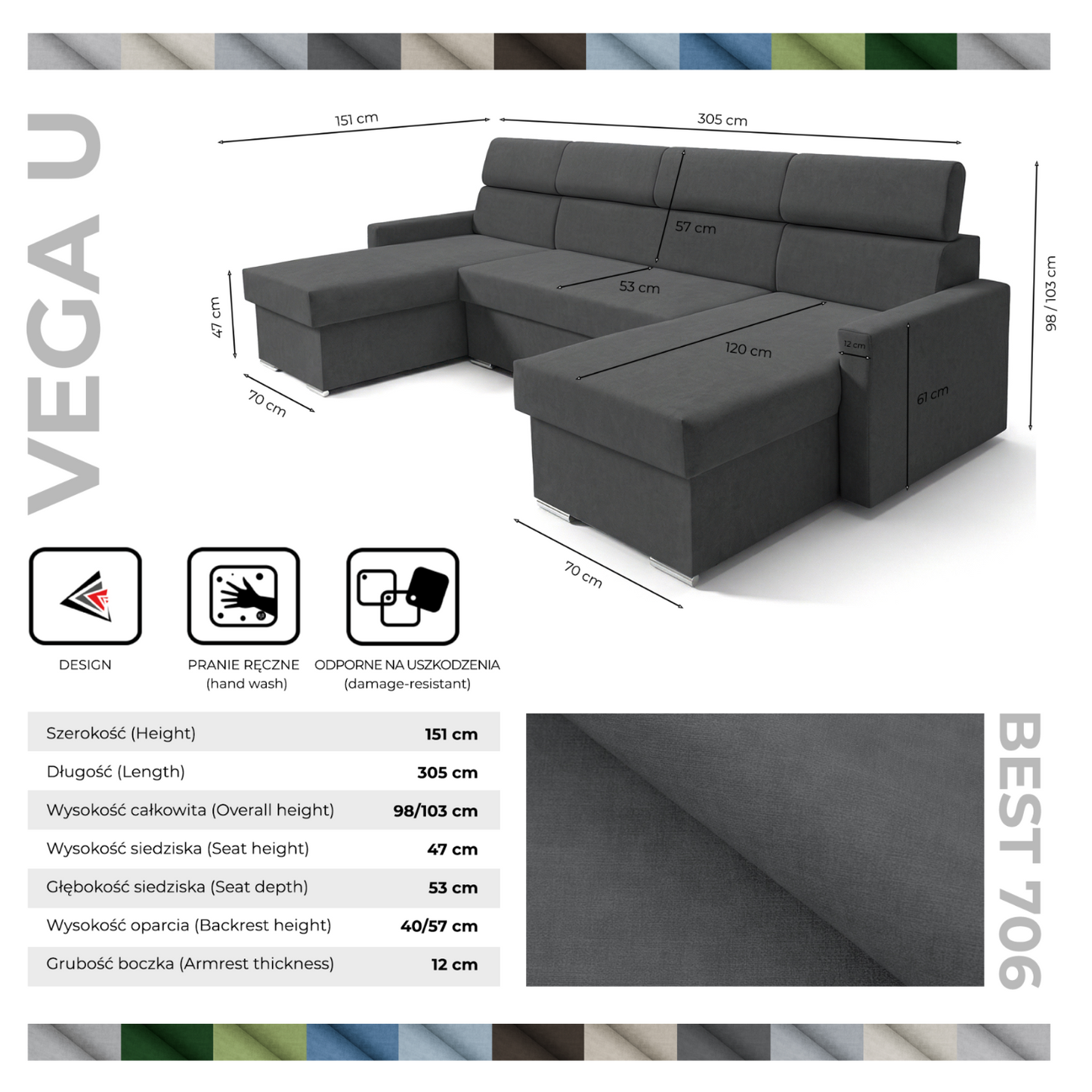 Vega U Wohnlandschaft mit Schlaffunktion und 2 Bettkasten Ecksofa in U-Form Verstellbare Kopfstützen Samt-Stoff Best 305x151 cm (Graphit)