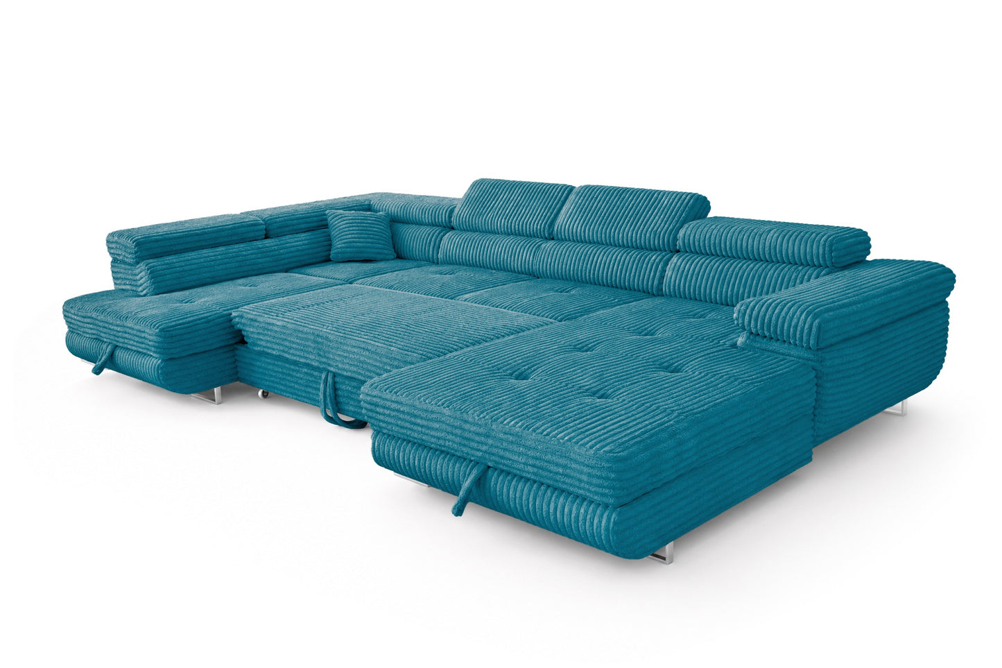 Wohnlandschaft Cordo U XXL U-förmiges Sofa mit Schlaffunktion & 2 Bettkästen – Breitcord Tilia Türkis – Ottomane Links