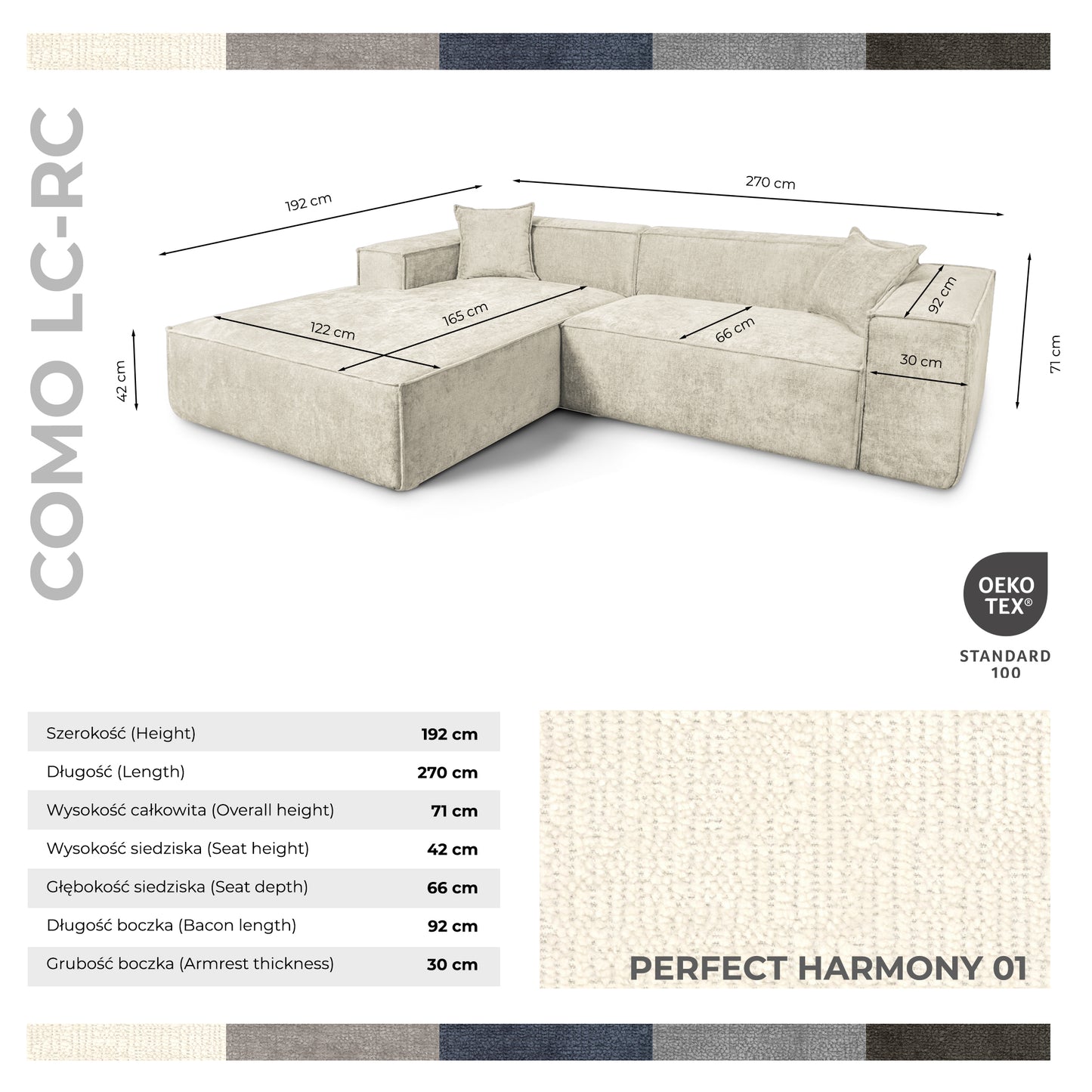 Design Ecksofa Como LC/RC 192x270 cm – Luxus Lounge L-Form Perfect Harmony 01 Beige – Strukturstoff Modern & Robust