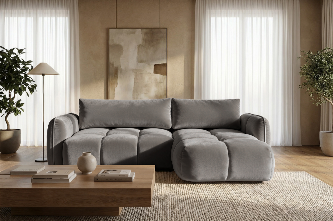 Ecksofa BELVEO mit Schlaffunktion und Bettkasten L-Form Ausrichtung rechts Stoff Bluvel 14 Grau
