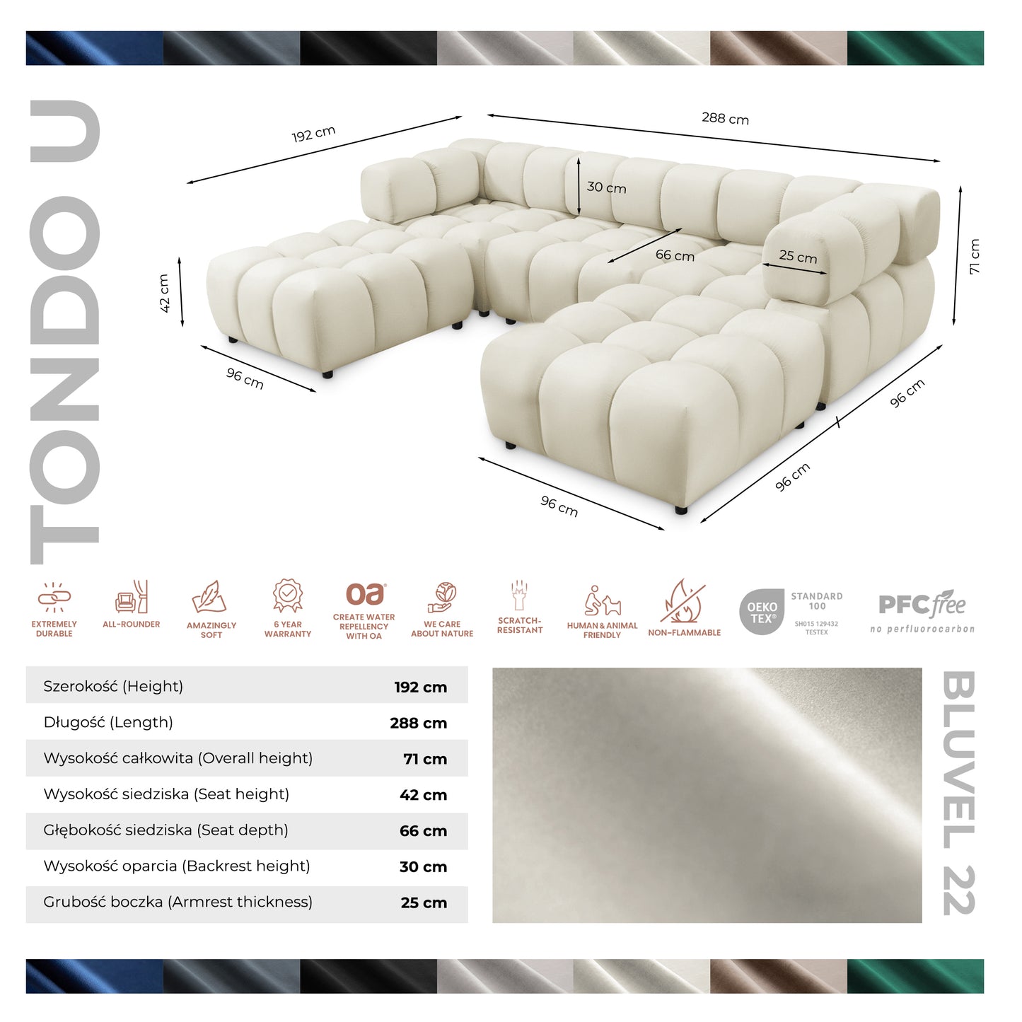 Exklusive Wohnlandschaft Tondo U 192x288 cm – Designer-Sofa Samt Bluvel 22 Beige – Modernes Bubble-Design & HR-Schaum Komfort