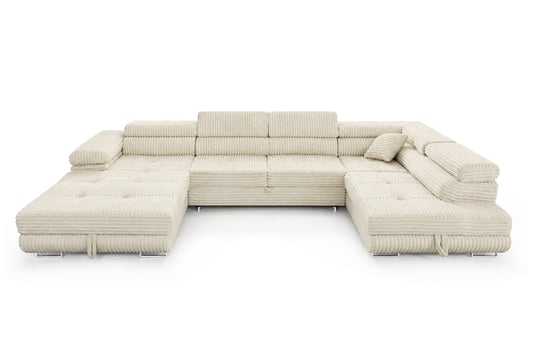 Wohnlandschaft Cordo U XXL U-Form Sofa mit Schlaffunktion & 2 Bettkästen – Breitcord Tilia Creme – Ottomane Rechts