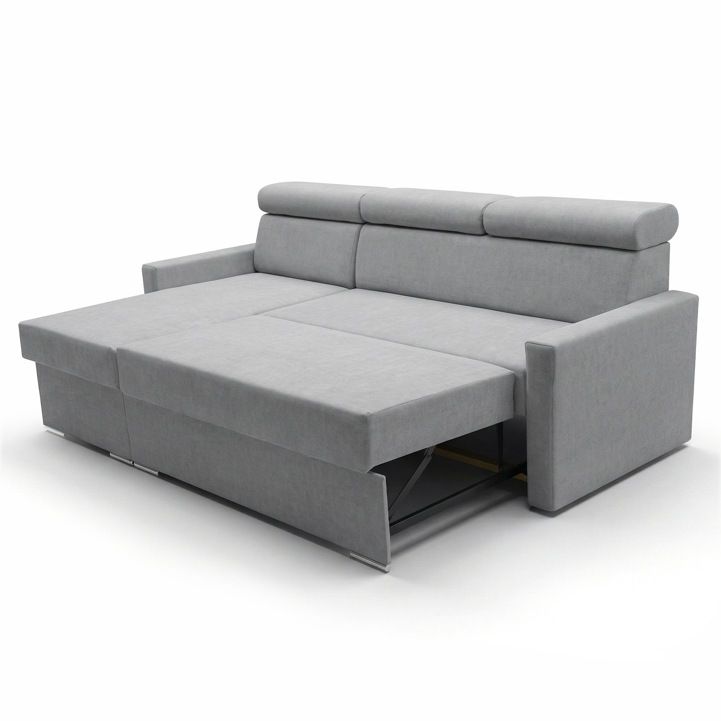 Ecksofa Vega L mit Schlaffunktion & Bettkasten – Samtstoff Best Hellgrau– Zero-Wall Design Wandbündig – L-Form Sofa Freistehend