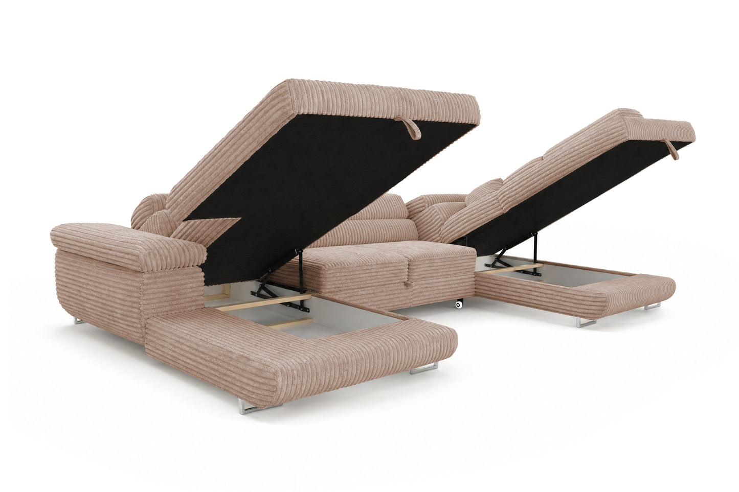 Wohnlandschaft Cordo U XXL U-Form Sofa mit Schlaffunktion & 2 Bettkästen – Breitcord Tilia Beige– Ottomane Rechts