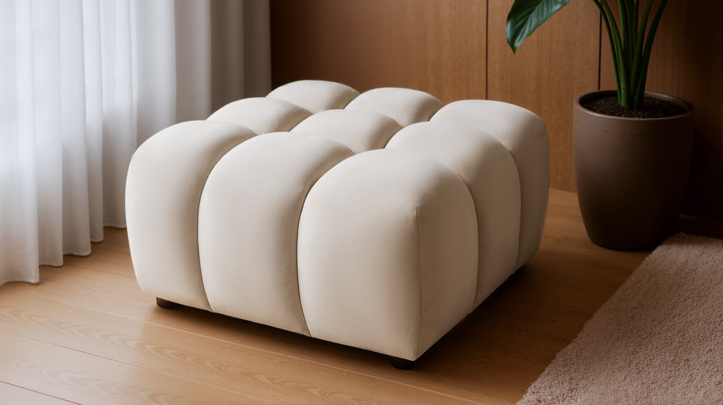 Design-Sitzpouf Tondo 96x96 cm – Luxus-Hocker Samt Bluvel 22 Beige – Moderner Bubble-Look – Premium-Polsterhocker mit HR-Schaum