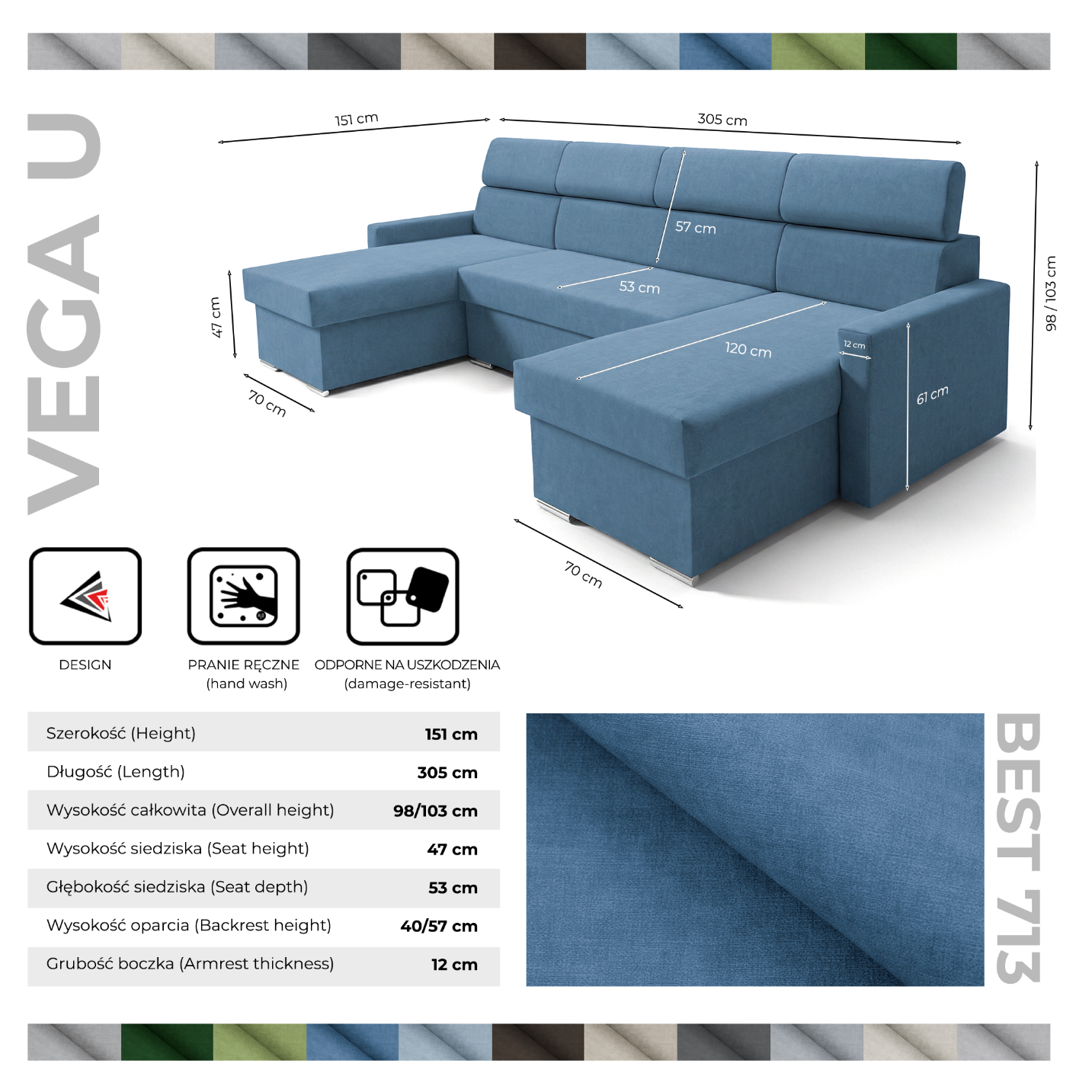 Vega U Ecksofa nach Maß | Breite anpassbar | Schlaffunktion 2 Bettkasten U-Form verstellbare Kopfstützen Samt-Stoff Best 305x151 cm (Blau)