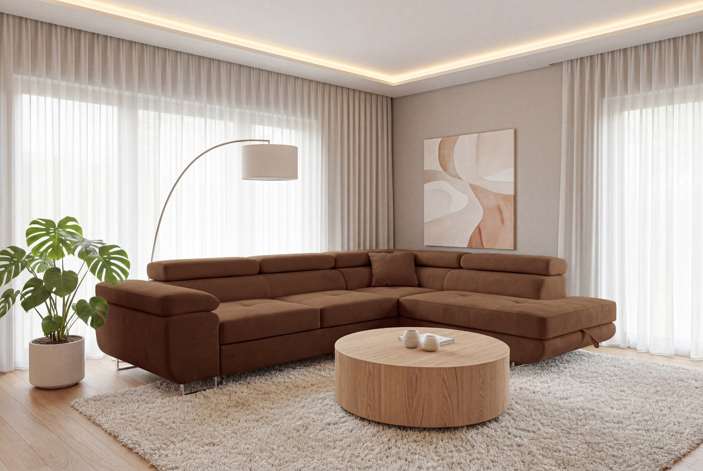 Ecksofa Luca L-Form Dunkelbraun Stoff Element 25 Rechte Ottomane mit Schlaffunktion & Bettkasten