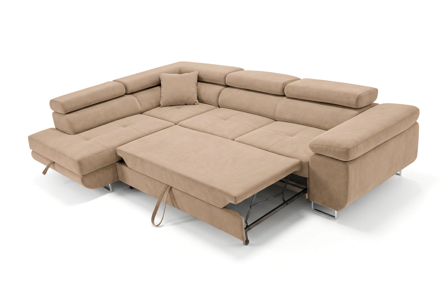 Ecksofa Luca L-Form Beige Stoff Element 06 Linke Ottomane mit Schlaffunktion & Bettkasten