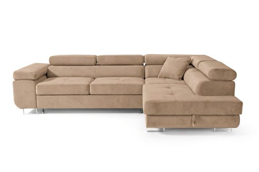 Ecksofa Luca L-Form Beige Stoff Element 06 Recamiere rechts mit Schlaffunktion & Bettkasten