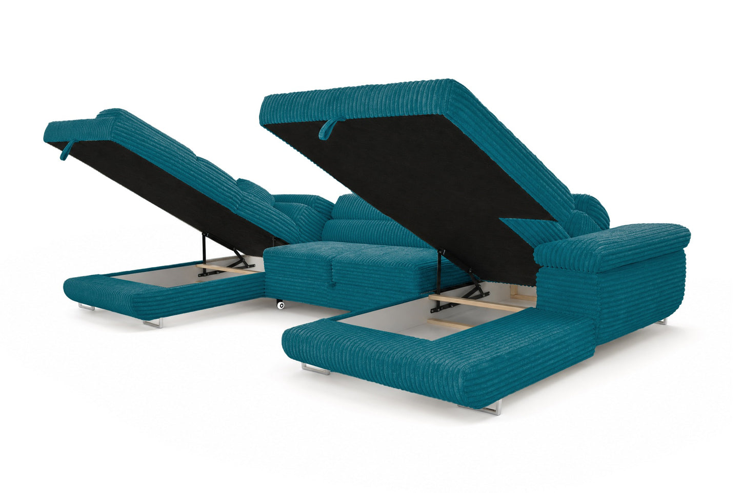 Wohnlandschaft Cordo U XXL U-förmiges Sofa mit Schlaffunktion & 2 Bettkästen – Breitcord Tilia Türkis – Ottomane Links