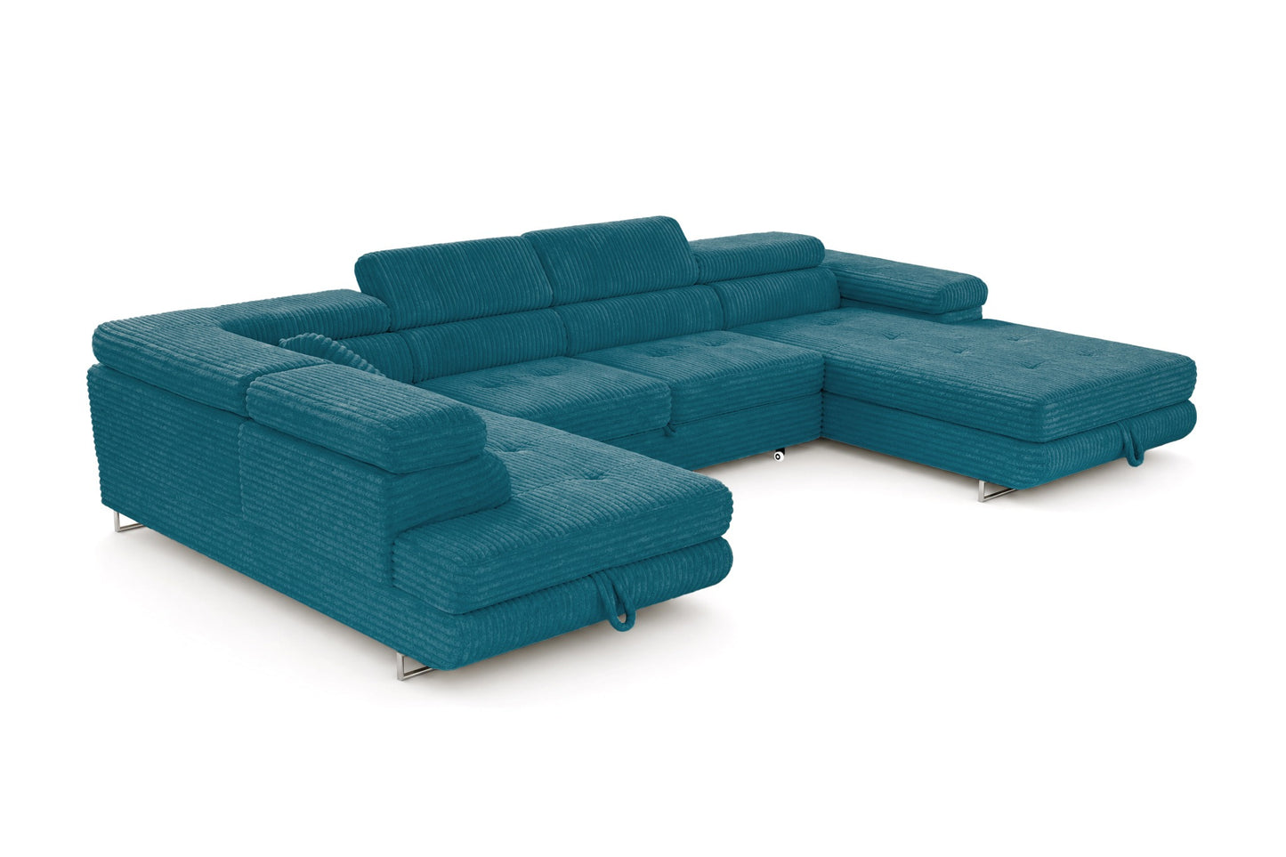 Wohnlandschaft Cordo U XXL U-förmiges Sofa mit Schlaffunktion & 2 Bettkästen – Breitcord Tilia Türkis – Ottomane Links
