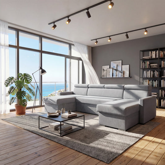 Vega U-Ecksofa nach Maß | Breite anpassbar | Schlaffunktion 2 Bettkästen U-Form verstellbare Kopfstützen Samtstoff Best 305x151 cm (Grau)