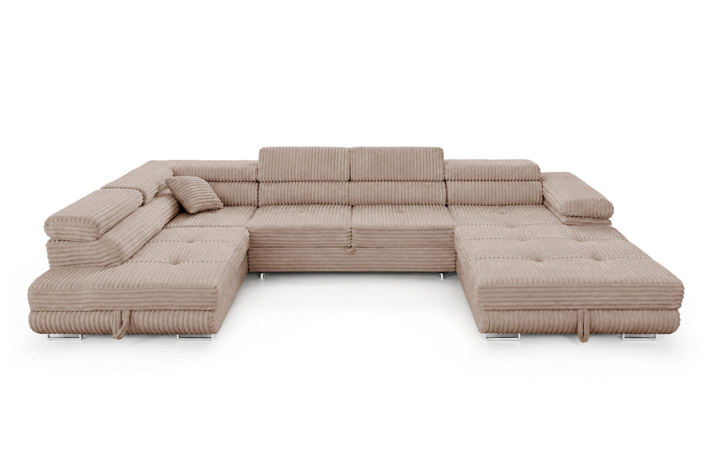 Wohnlandschaft Cordo U XXL U-Form Sofa mit Schlaffunktion & 2 Bettkästen – Breitcord Tilia Beige – Ottomane Links
