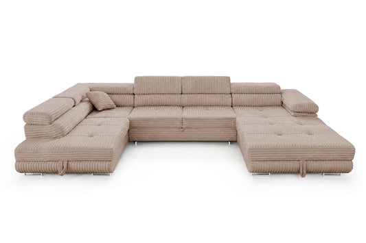 Wohnlandschaft Cordo U XXL U-Form Sofa mit Schlaffunktion & 2 Bettkästen – Breitcord Tilia Beige – Ottomane Links