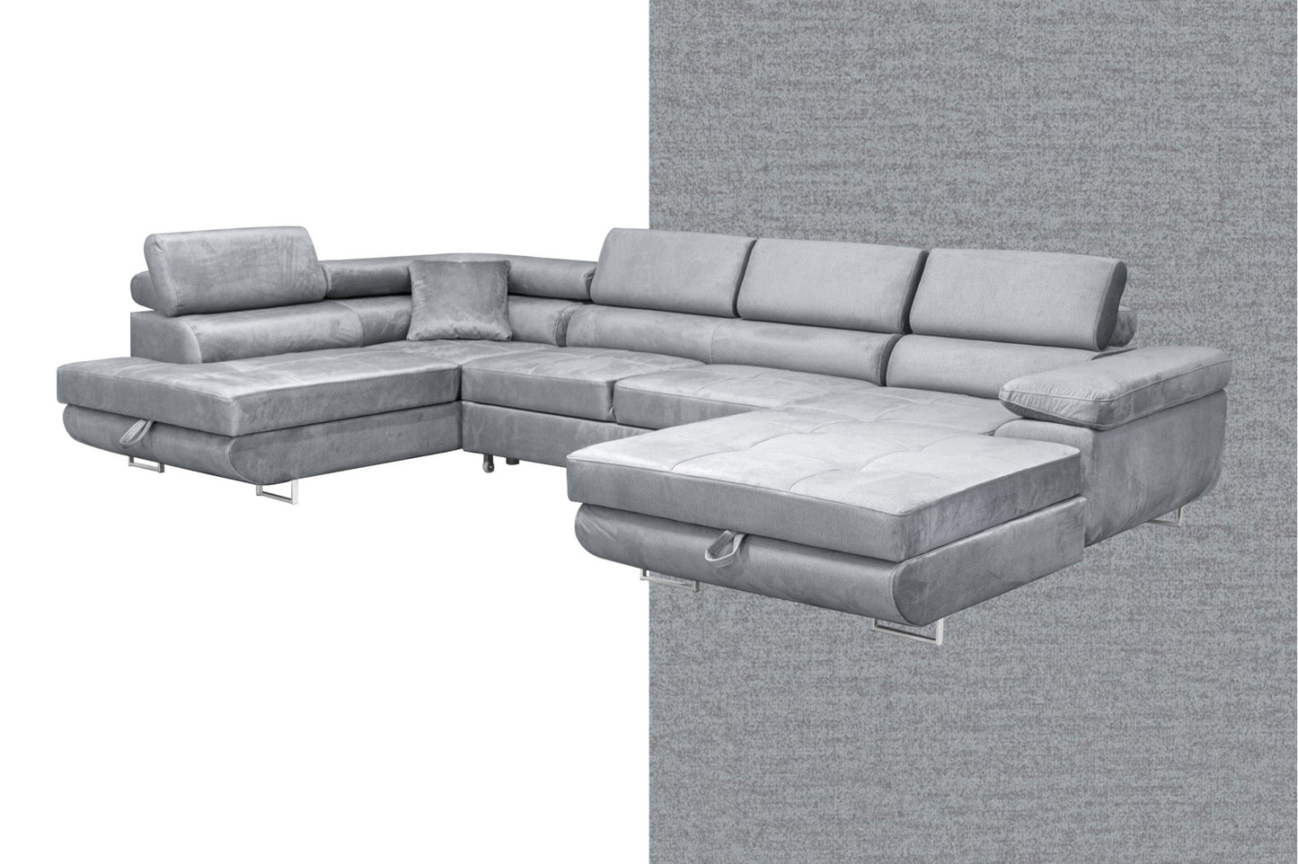 Sofiland Aller XXL U-Form Ecksofa links mit Schlaffunktion, Couchgarnitur mit 2 Bettkästen, Wohnzimmersofa Hellgrau MONOLITH 84, Sofa, Bettsofa, Couch