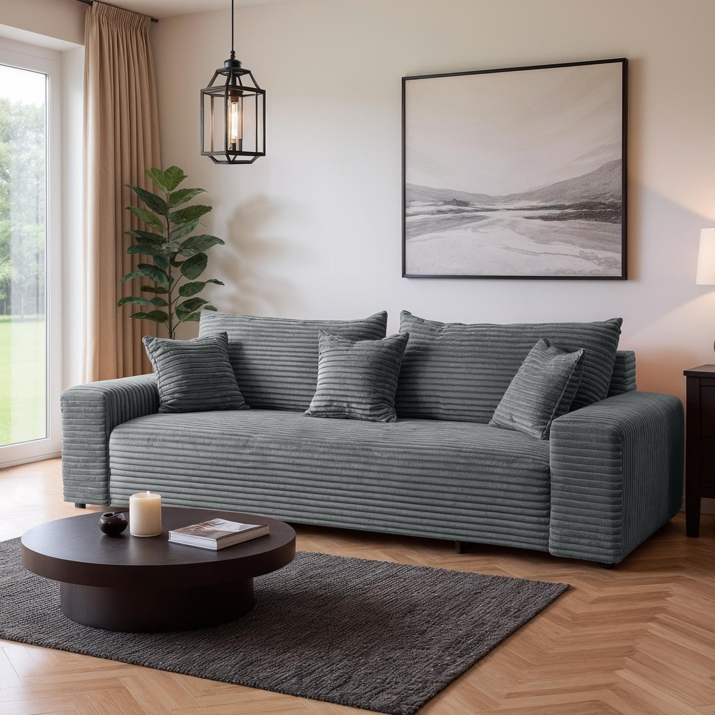 Sofa CORDO von Sofiland - Modernes Schlafsofa mit Bettkasten, Cord-Sofa 265x105 cm, Grau